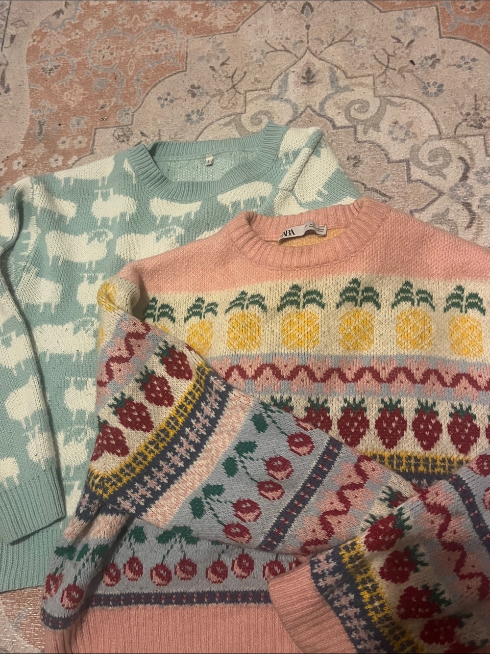 2 cutey sweaters ZARA Pink Pineapple Pattern Crewneck Sweater and sheep sweater